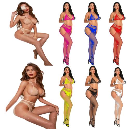 10pcs-Diamante Fishnet Stockings with Matching Bra-Random Colour|GCL086|UK SELLER