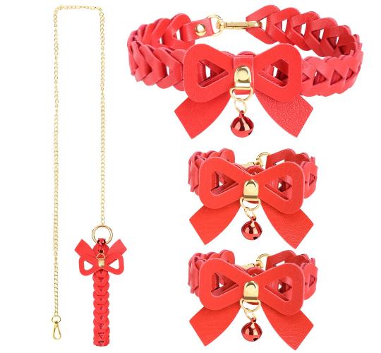 10pcs-Red Leather Handcuffs and Collar Choker Set with Gold Stainless Steel Chain BDSM|GCSM041|UK SELLER