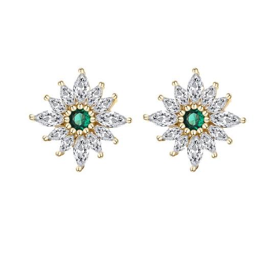 10 Pairs - S925 Sterling Silver Emerald Flower Stud Earrings 14mm with C/Z 14K Yellow Gold Plated|GCJSE121|UK SELLER