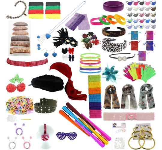 10,000 Job Lot Ladies Scarves Jewellery Hair Accessories Gloves Belts Masks Loom Bands Head Boppers Sweatbands Gift Bags