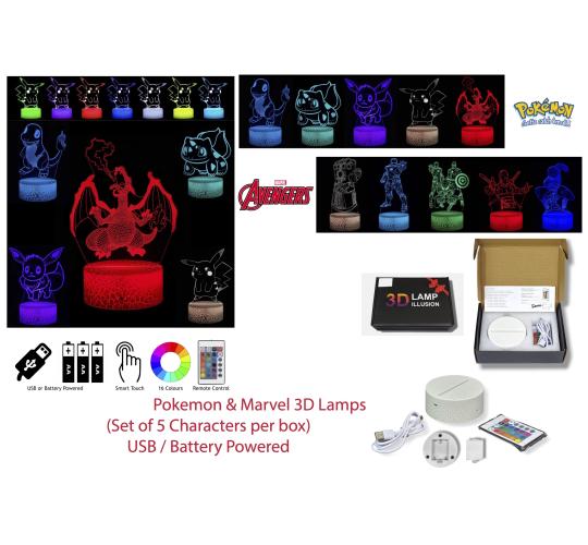 3D Optical Illusion Lamp 5 in 1 LED Night Light for Kids & Teens Pokemon & Marvel