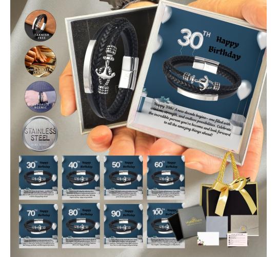 10 Sets-Anchor Bracelet for Him 30th 40th 50th 60th 70th 80th 90th 100th Birthday Personalised Message|GCJ454-Birthday|UK SELLER
