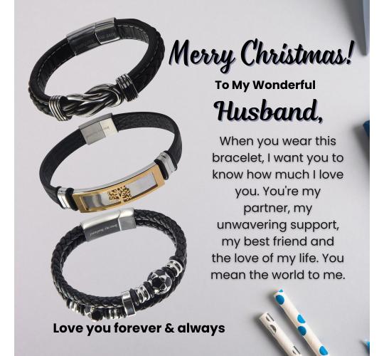 12 Sets-Merry Christmas Husband Infinity Bracelet Leather Engraved Personalised Message Gift Set|GCJ447GCJ449GCJ450-Husband-Xmas MSG|UK SELLER