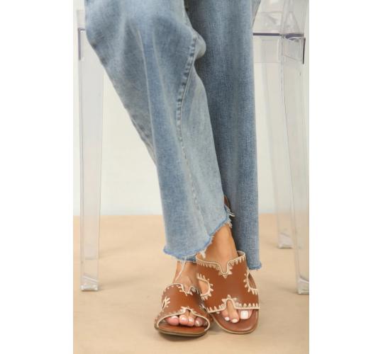 LADIES SHOES WHOLESALE JOBLOT TAN STITCH DETAIL DESIGNER STRAP SANDALS 12 PAIRS PACK-UK3/8 SIZES
