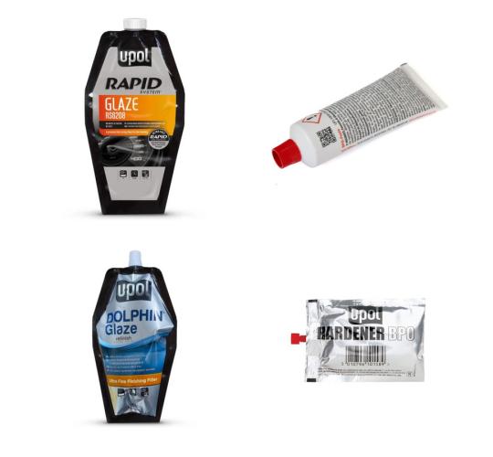 One Off Job Lot of 25 UPOL Glazes, Finishing Filler & BPO Hardeners