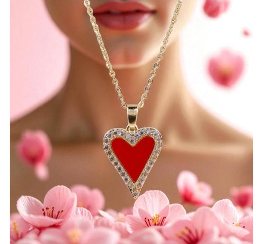 10pc Red Acrylic Heart Zircon Crystals Gold Tone Pendant Necklace! GCJ302-Gold
