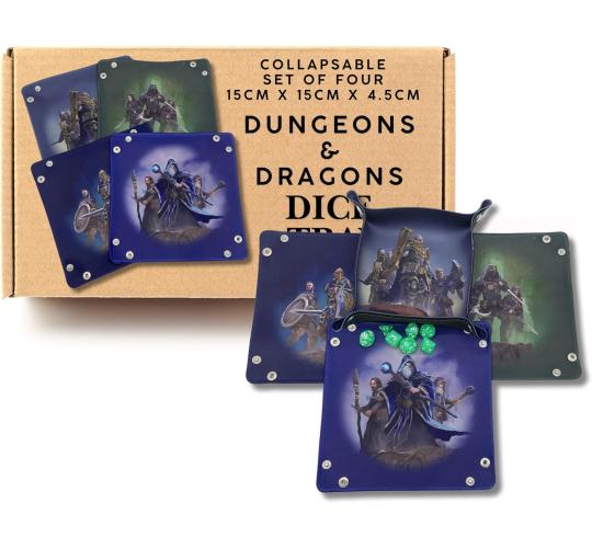 4x Fantasy RPG Character DnD Dice Tray Set - Foldable Rolling Tray for Dungeons and Dragons - Wizard Fighter Cleric Rogue - Portable Dice Mat