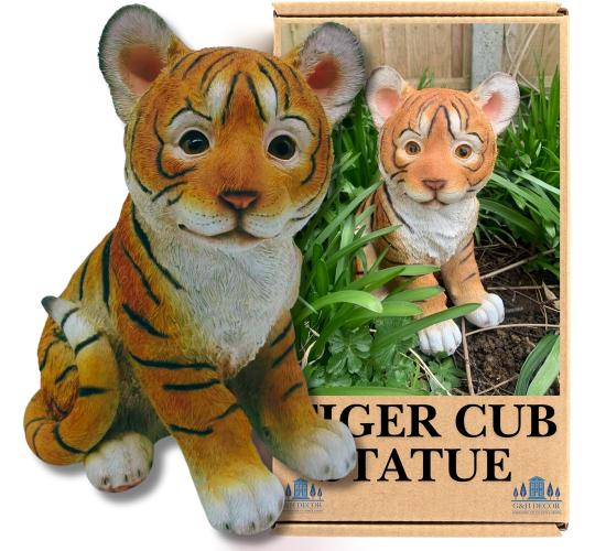 26cm Tiger Cub Resin Statue - Hand Painted Figurine - Suitable for Indoor or Outdoor Use - Weather Resistant Ornament with Vivid Colours for Garden