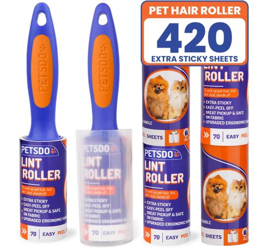 Lint Rollers with 2 Handles & 6 Refills - Total 420 Sticky Sheets for Pet Hair & Clothes - Ideal for All Fabrics