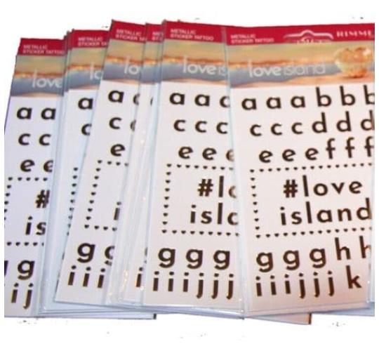     1000 x Rimmel Alphabet Metallic Tattoo Packs | Love Island | 78 Letters Per Pack