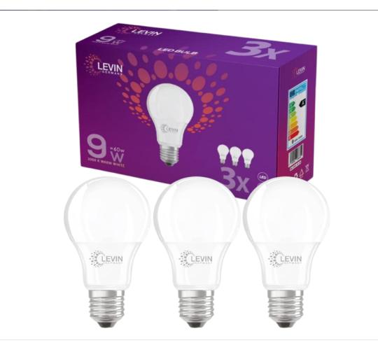 99 LED Bulbs (33 x 3-Pack) – Levin 9W LED Bulbs, Warm White 3000K, E27 Base, 95lm/W, Energy Class A, 60W Replacement