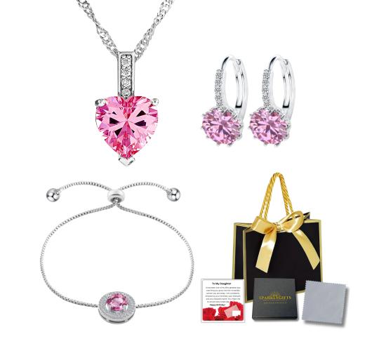 10 Sets-For Daughter Pink Sapphire Necklace Bracelet and Earrings Tri-Set with Birthday Message Gift Bag|GCJ005GCJ024GCJ525-Pink-DaughterMSG-HB+GiftBa