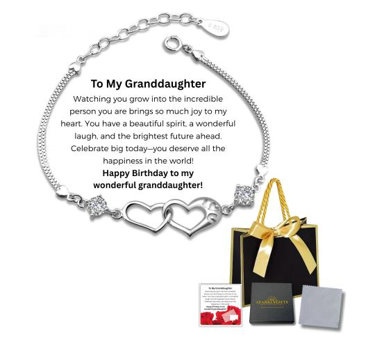 10 Sets-Bracelet for Granddaughter Linked Heart Bracelet with Birthday Message Card Gift Bag|GCJ244-GrandDaughterMSG-HB+GiftBag-10 Sets|UK SELLER