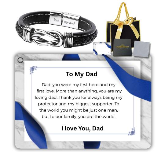 10 Sets-Stainless Steel Infinity Bracelet For Dad Engraved Leather with Message Card Gift Box|GCJ449-Dad-MSG+Giftbag-10 Sets|UK SELLER