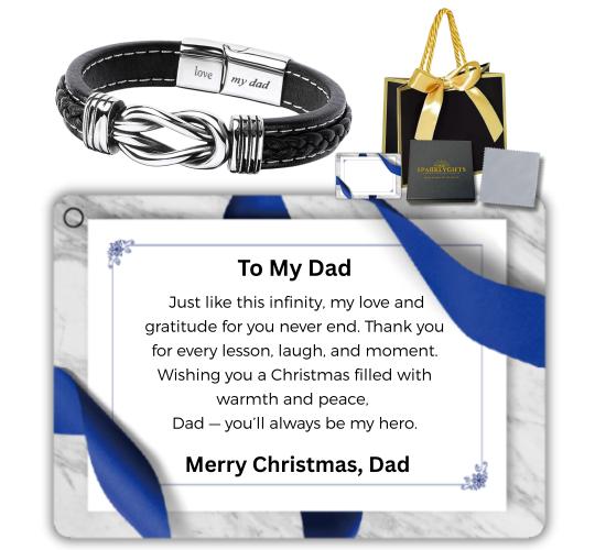 10 Sets-Stainless Steel Infinity Bracelet For Dad Engraved Leather with Christmas Message Card Gift Box|GCJ449-Dad-Christmas-MSG+Giftbag-10 Sets|UK SE