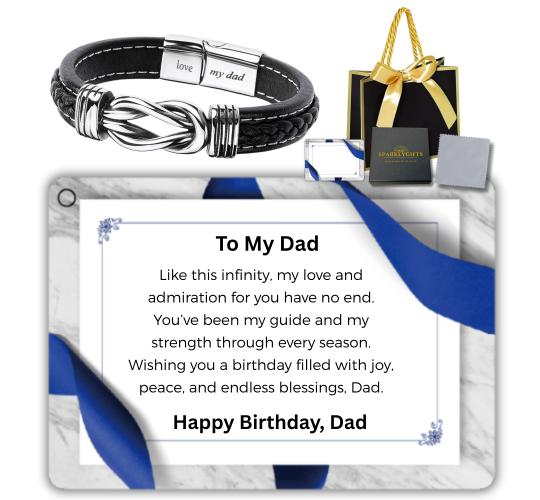 10 Sets-Stainless Steel Infinity Bracelet For Dad Engraved Leather with Birthday Message Card Gift Box|GCJ449-Dad-Birthday-MSG+Giftbag-10 Sets|UK SELL