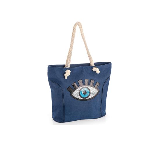 20pcs-Premium Blue Canvas Tote Zip Bag with Eye Motif – Stylish Everyday Shoulder Bag|GCBAG001-20pcs|UK SELLER