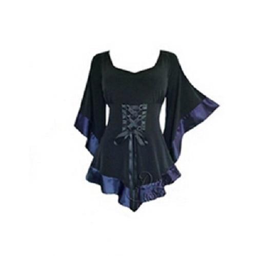 Flared Sleeve Lace Up Tunic, Black with Blue trim