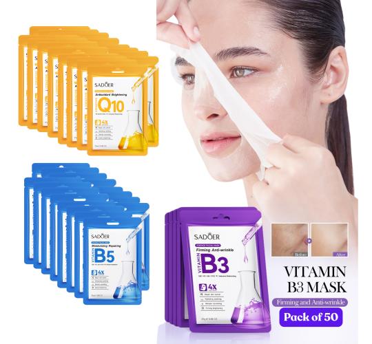 50pcs-SADOER Deep Hydrating & Brightening Radiance Facial Masks Set-Vitamin B3 & B5, & Coenzyme Q10-Mixed|GCMK002-Vitamin Mask-50pcs|UK SELLER