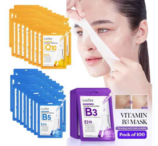 100pcs-SADOER Deep Hydrating & Brightening Radiance Facial Masks Set-Vitamin B3 & B5, & Coenzyme Q10-Mixed|GCMK002-Vitamin Mask-100pcs|UK SELLER