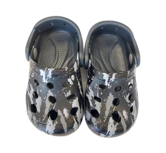 CHILDREN'S CLOGS - BLACK WITH GREY PAINT SPLASH DETAIL, 5 SIZES, 50 UNITS PER JOB LOT