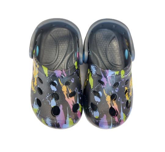 CHILDREN'S CLOGS - BLACK WITH BRIGHT PAINT SPLASH DETAIL, 5 SIZES, 50 UNITS PER JOB LOT