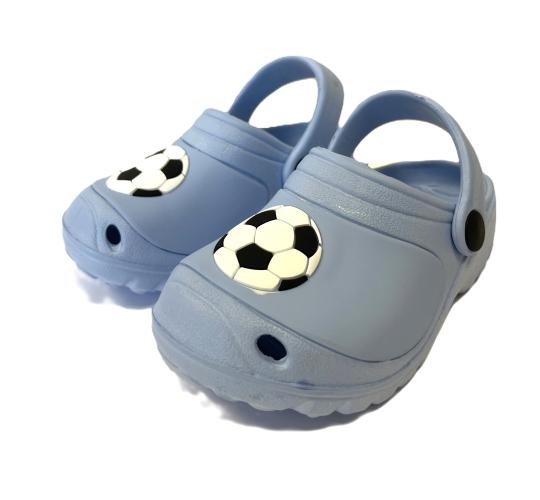 CHILDREN'S CLOGS - LIGHT BLUE WITH FOOTBALL DETAIL, 5 SIZES, 50 UNITS PER JOB LOT