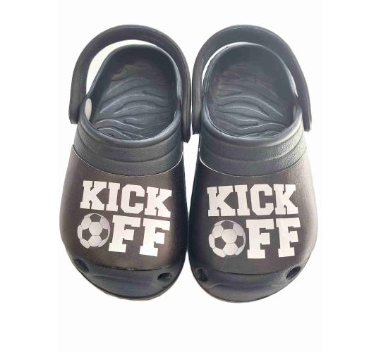 CHILDREN'S CLOGS - BLACK WITH FOOTBALL PRINT DETAIL, 5 SIZES, 50 UNITS PER JOB LOT
