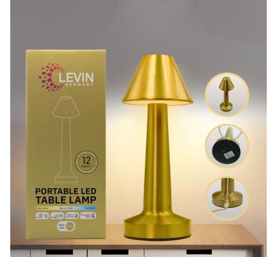 30xLevin Germany Table Lamp Gold Model, Rechargeable Cordless LED Lamp, Touch Control, Dimmable, 3 Colour Modes, Ideal for Hospitality & Home Retail