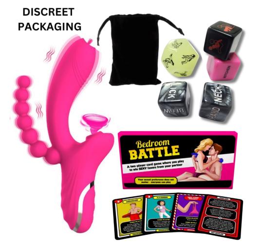 10 Sets- 7-Piece Couples Bedroom Play Set - 3-in-1 Vibrator Set with Clitoral Suction, Anal Beads, Sex position Dice Set & Bedroom Battle Card Game|GC