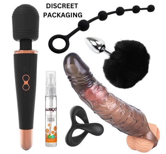 10 Sets- 6-Piece Luxury Couple Play Set-Magic Wand Massager, Fluffy Bunny Tail Metal Plug, Silicone Anal Beads, Textured Penis Extender Sleeve, Dual L