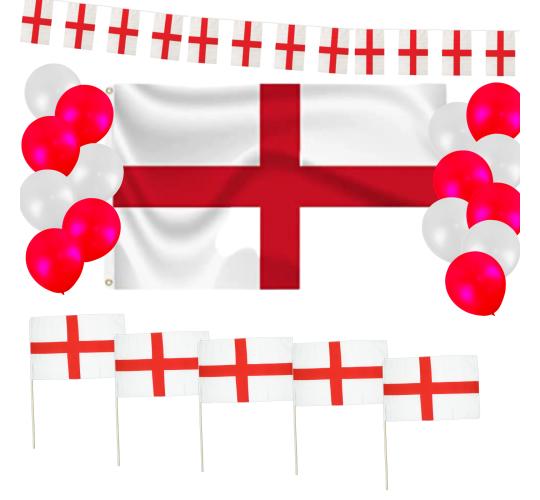 24x England Party Bundle Set | Flag, 6M Bunting, Balloons & Hand Flags | World Cup 2026 | Wholesale Job Lot