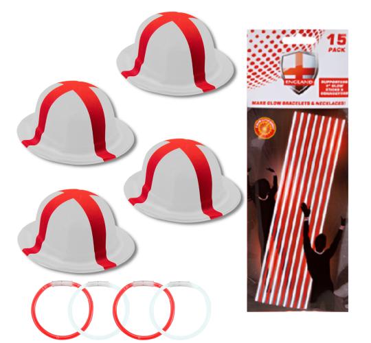 24x England Supporter Bundle | 4x Bowler Hats + 15 Glow Sticks Set | World Cup 2026 | Wholesale Job Lot