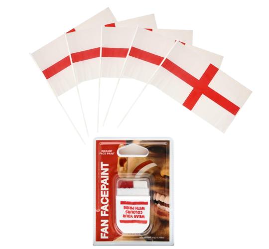 24x England Supporter Set | 5 Hand Flags + Face Paint | World Cup 2026 | Wholesale Job Lot