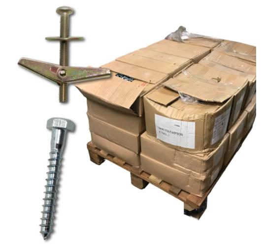 One Off Pallet of 32,800 Mixed Hex Head Wood Screws & Spring Toggles Screws