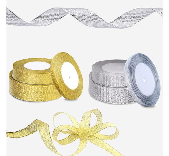 Glitter Ribbon Rolls 25m Gold Silver Mixed Width for Crafts Gift Wrap Wedding Xmas Decorations 100 Pack