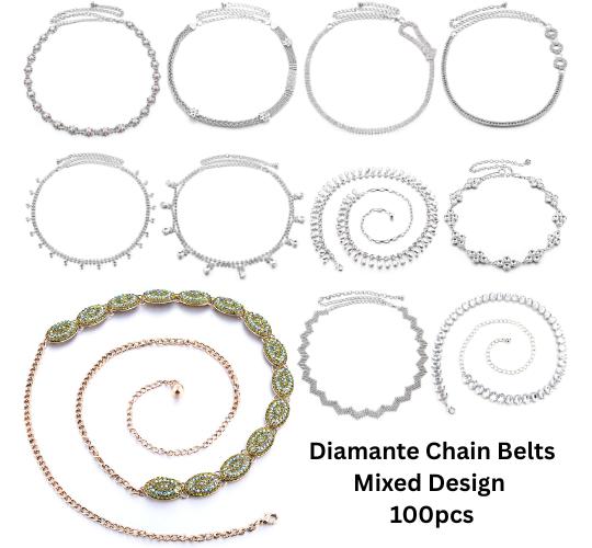 100pcs Rhinestone & Diamante Waist Chain Belts – Mixed Styles Women’s Fashion Accessories Bulk Lot