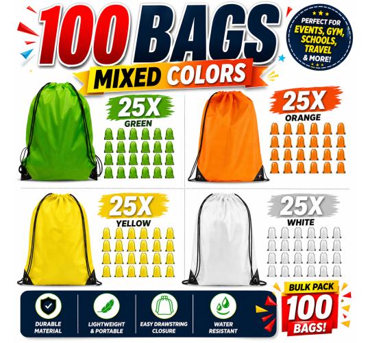 Nylon Drawstring Rucksack Bag 100 Pack Green/ Yellow/ Orange/ White - MIXED COLORS- Ideal for Swimming School Sport Kids Adults Fitness