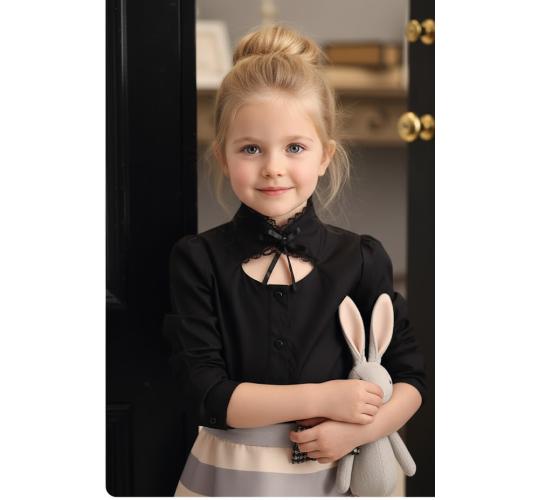 Vintage Girls Lace Collar Blouse Black Cotton Victorian Shirt Elegant Toddler Top Ages 3-5Y