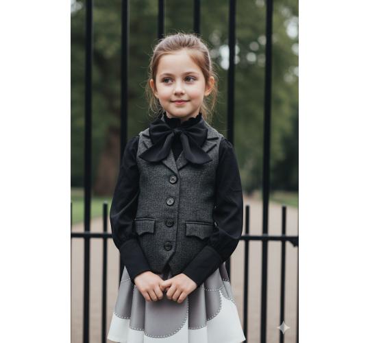 Girls Dark Grey Wool Vest with Bow Tie, Vintage Waistcoat, Ages 3-10Y
