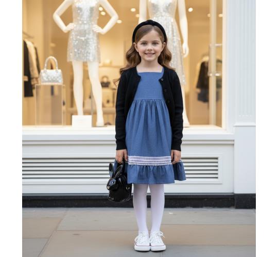 Girls Blue Lace Trim Dress 3-9 Years Sleeveless A Line Denim Style Casual Party Outfit