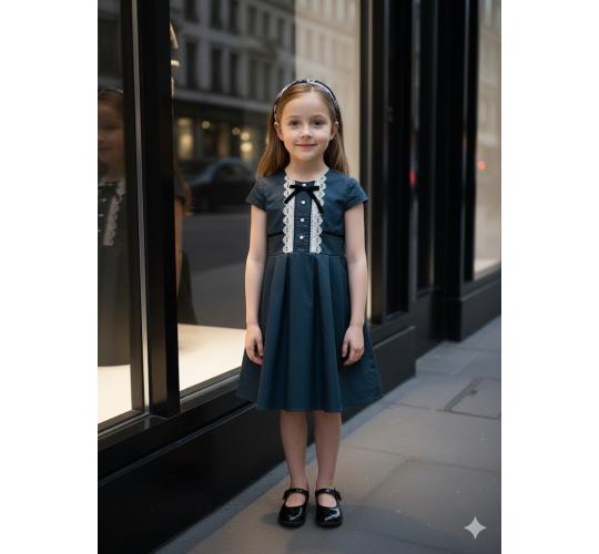 Girls Dark Green Lace Dress Vintage Cotton Party Dress Kids Age 3-7Y
