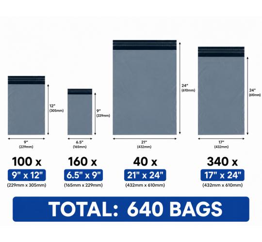 640 Grey Postal Mailing Bags – 4 Sizes – Job Lot
