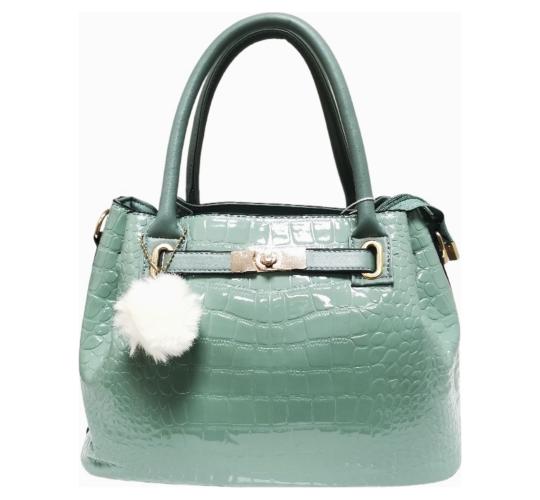 20pcs Mix Colour-Double Zipper Compartment Shiny Croc Gloss Tote Bag with a Pom Pom