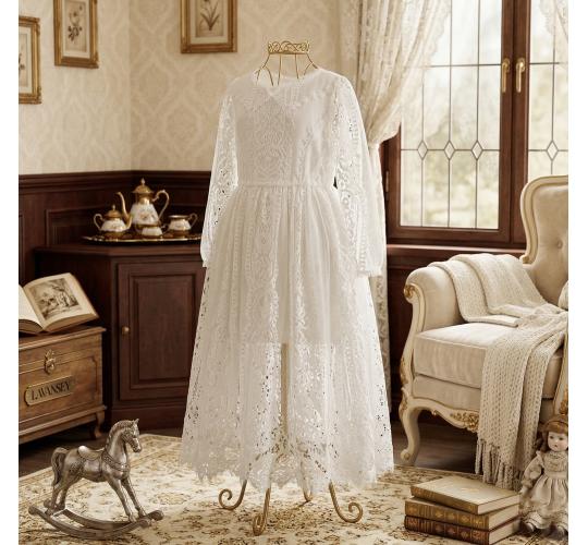 Vintage Snow White Lace Dress - Long Fairy Gown, Hollow Floral Design 2-3Y