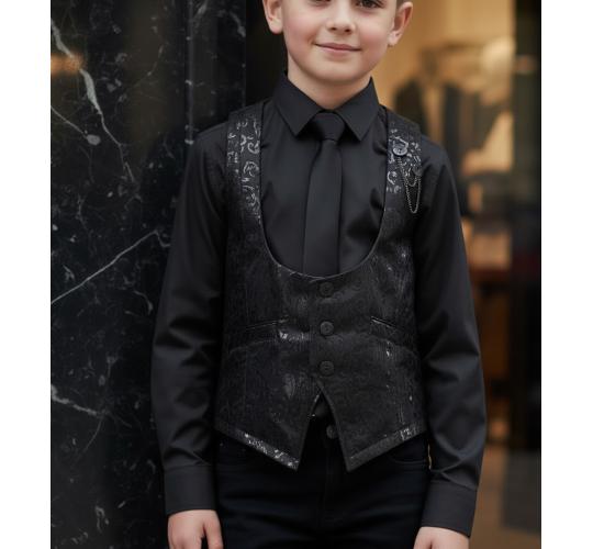 Boys Black Brocade Vest Wedding Waistcoat Ring Bearer Page Boy Formal Party 4-9Y