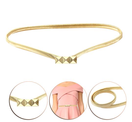 Ladies Gold Stretch Waist Belt with Three Pyramid Buckle Mix Sizes Elastic Dress Fashion Belt