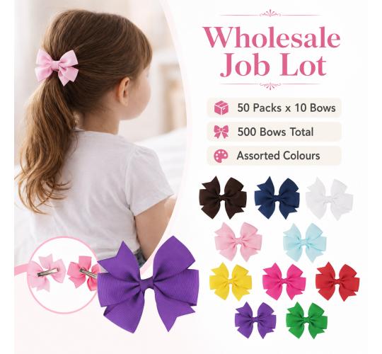 Wholesale Job Lot of 50 Packs of 10 Children's Hair Bow Clips Assorted Colours