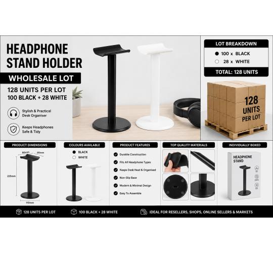 128x Headphone Stand Holders Wholesale Job Lot - 100 Black 28 White Boxed