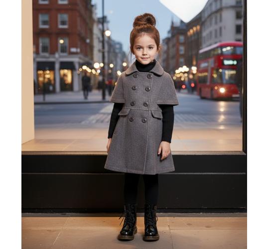 Girls Wool Blend Cape Coat –dark grey Baby Doll Style (3-9 Yrs)